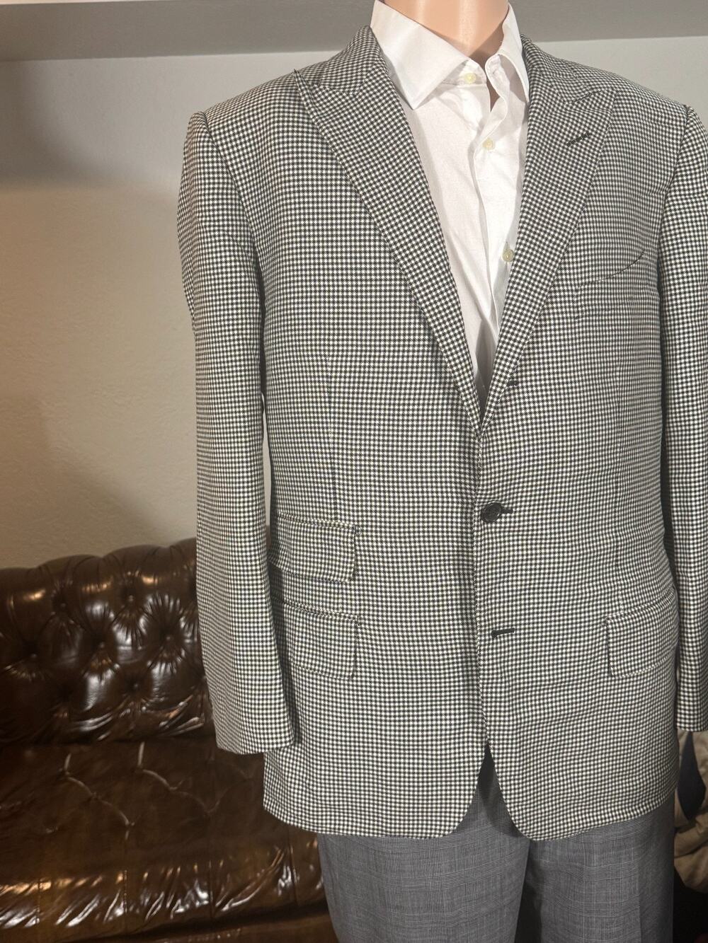 Tom Ford Wool Silk Summer Houndstooth Blazer 56 Peak Lapel 46R